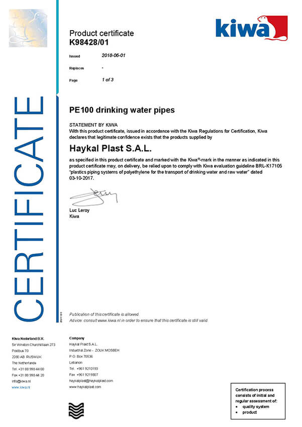 Haykal Plast KIWA Certificate K98428/01 - PE100 drinking water pipes